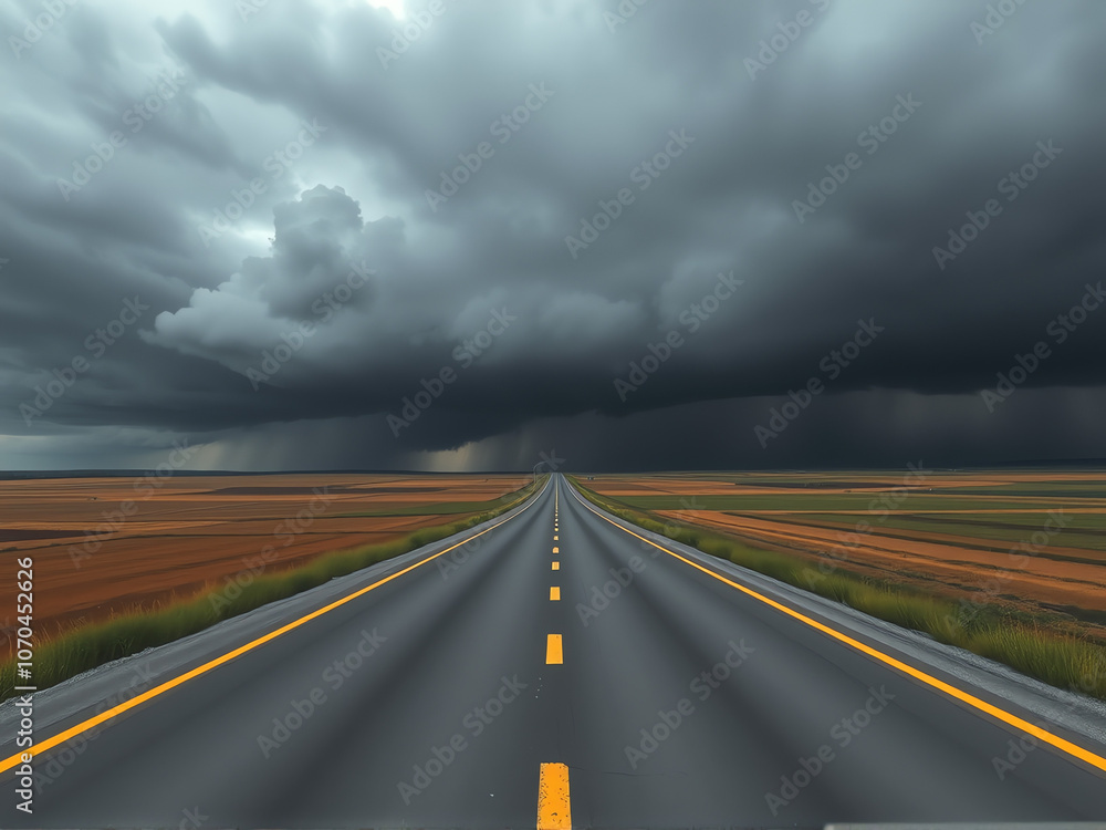 Naklejka premium An empty road stretches ahead, framed by dark storm clouds looming ominously in the background.