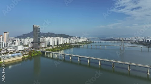 Wallpaper Mural Drone View of Seoul city in South Korea, Jamsil Han River, Summer 60fps Torontodigital.ca