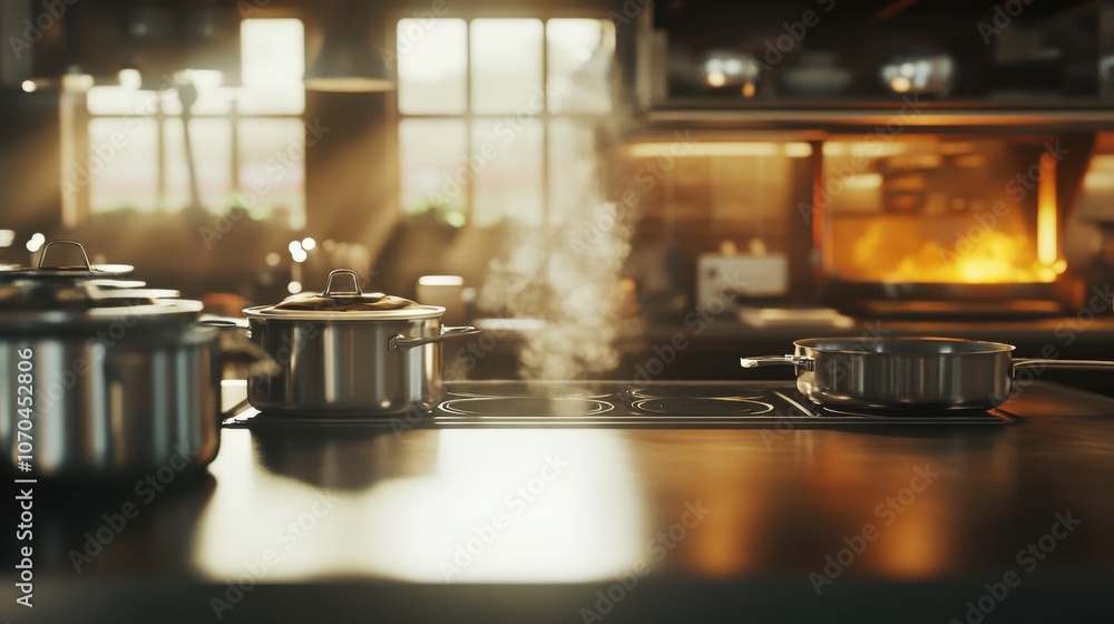Restaurant kitchen with stainless steel pots and pans and. Restaurant kitchen with stainless steel pots and pans and.