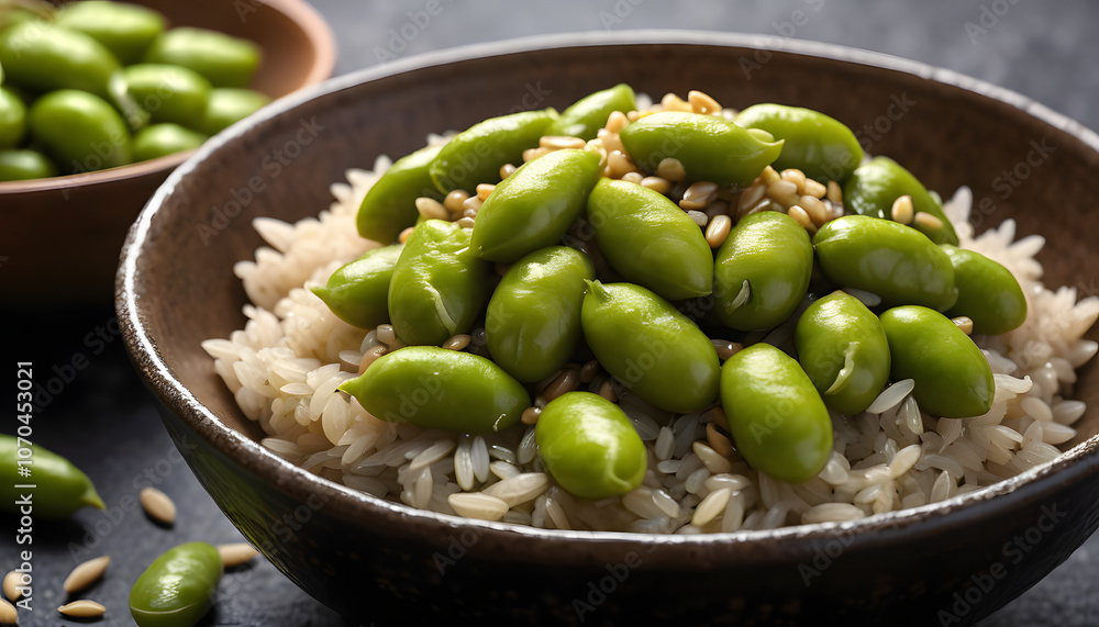 Steamed edamame sprinkled with sea salt and served with a side of brown rice.
Steamed edamame sprinkled with sea salt and served with a side of brown rice.