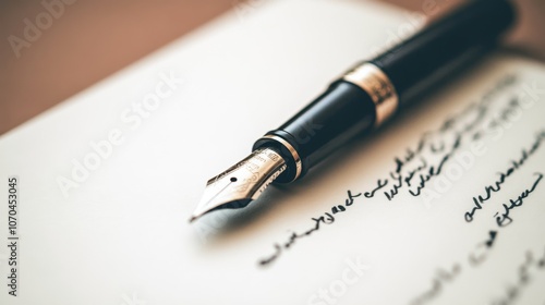 A black fountain pen lays on a piece of paper with elegant cursive handwriting, showcasing its luxurious design and potential for creative expression.