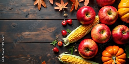 A vibrant, colorful composition of autumn harvest, featuring apples, pumpkins, corn, and leaves, perfect for seasonal promotions and food-related content.