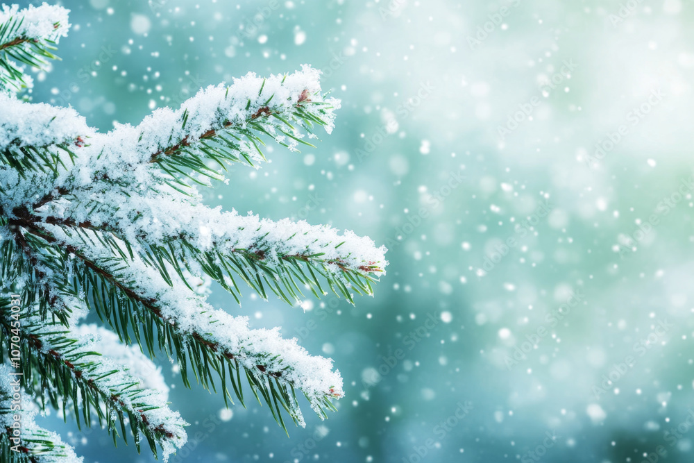 Snowy Christmas Branches with Soft Gray Background for New Year Snowy Christmas Branches with Soft Gray Background for New Year