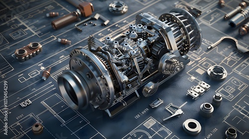 A mechanical device is shown on a blue background with a lot of gears and other mechanical parts. Concept of complexity and precision, as well as the idea of a well-designed and intricate machine