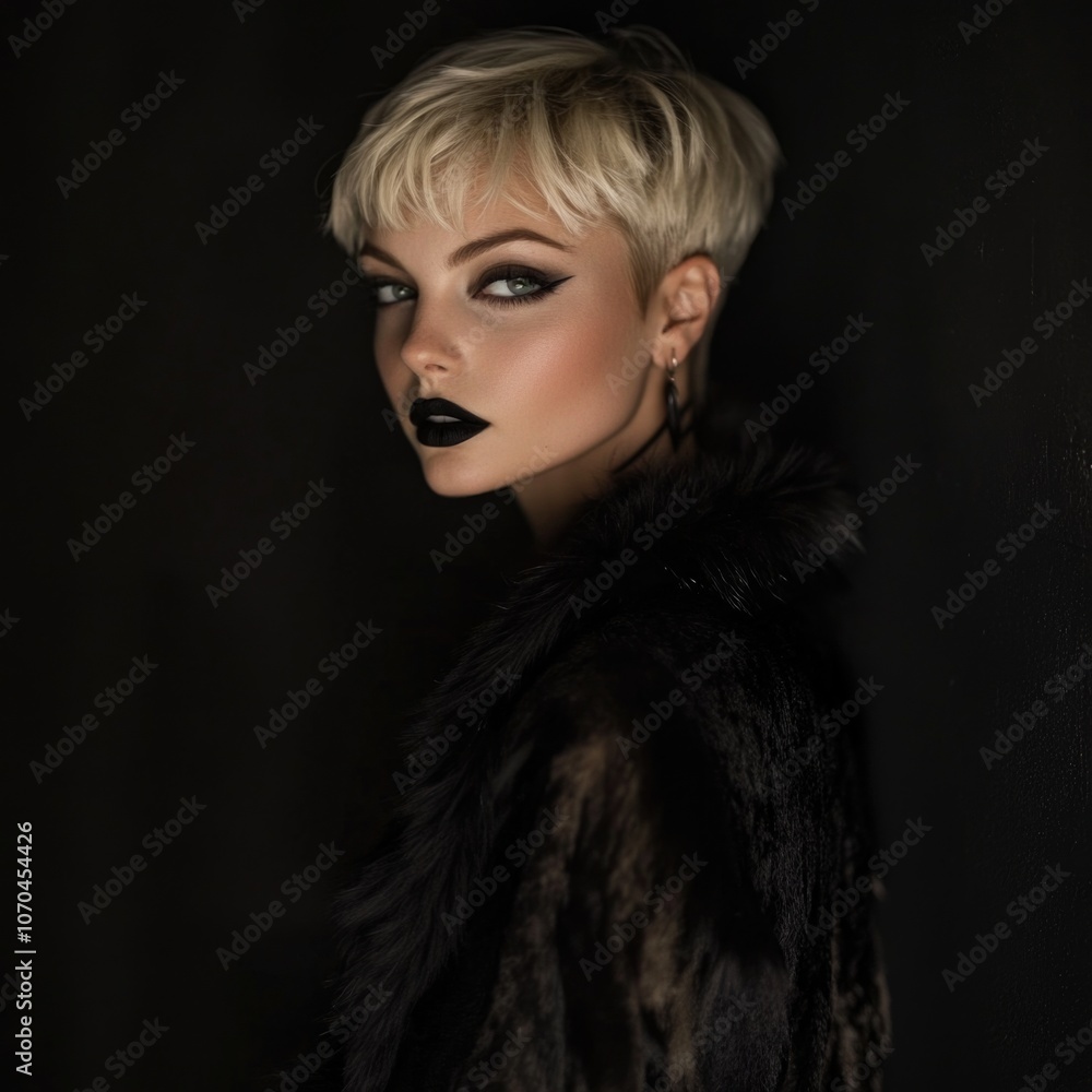 Portrait of a blonde woman with short hair, wearing black and a fur coat. Portrait of a blonde woman with short hair, wearing black and a fur coat.