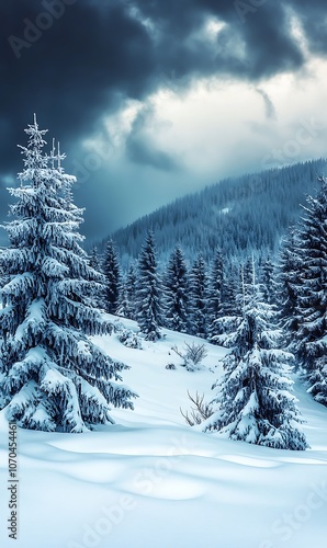 Fantastic winter landscape with snow covered trees. Dramatic sky. Carpathian, Ukraine, Europe. Beauty world.