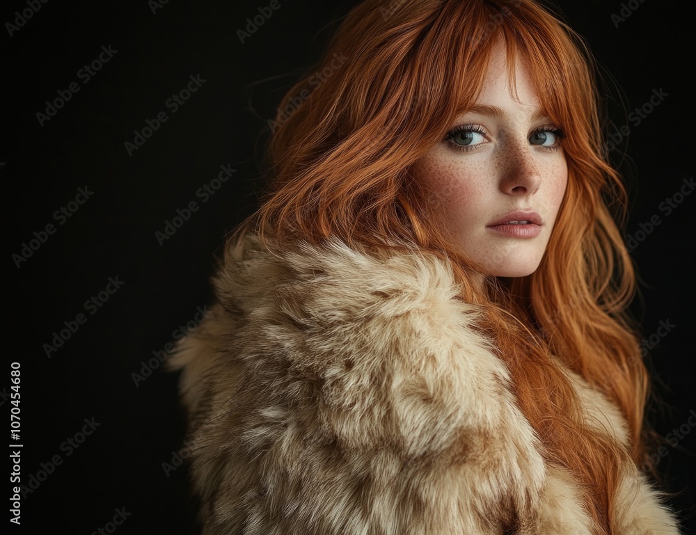 A fashion photograph of a red-haired woman in a large fur coat, against a black background. A fashion photograph of a red-haired woman in a large fur coat, against a black background.