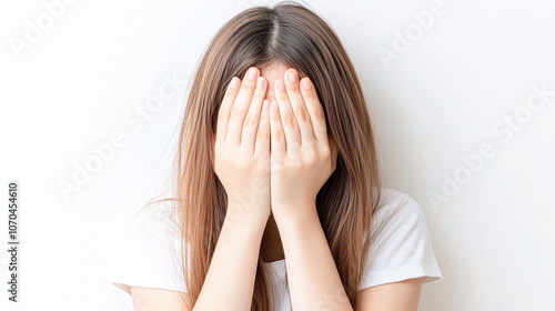 A woman with long brown hair is crying and covering her face with her hands