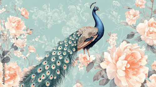a photo reaistic art of a peacock with beautiful background.