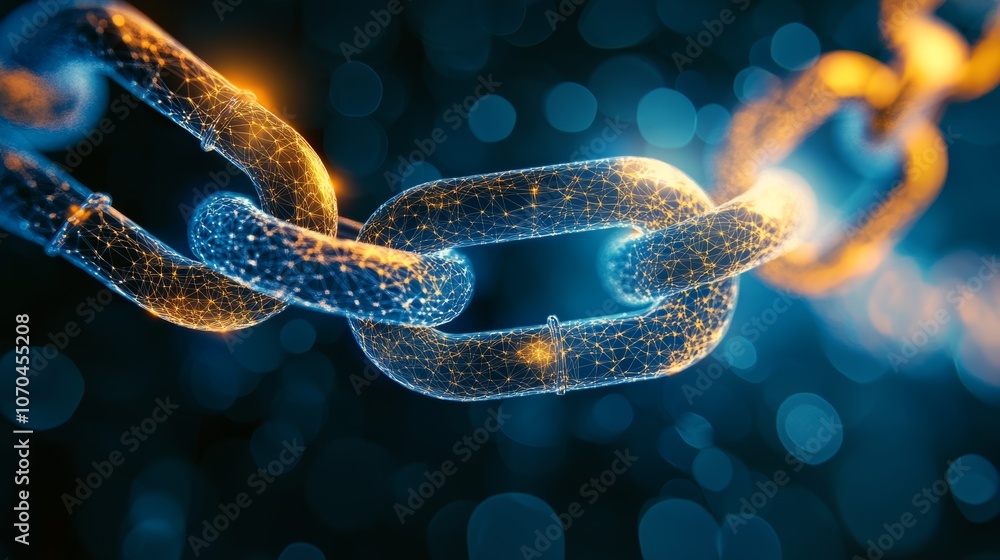 A close-up of a chain made of glowing particles, representing connectivity and strength. A close-up of a chain made of glowing particles, representing connectivity and strength.