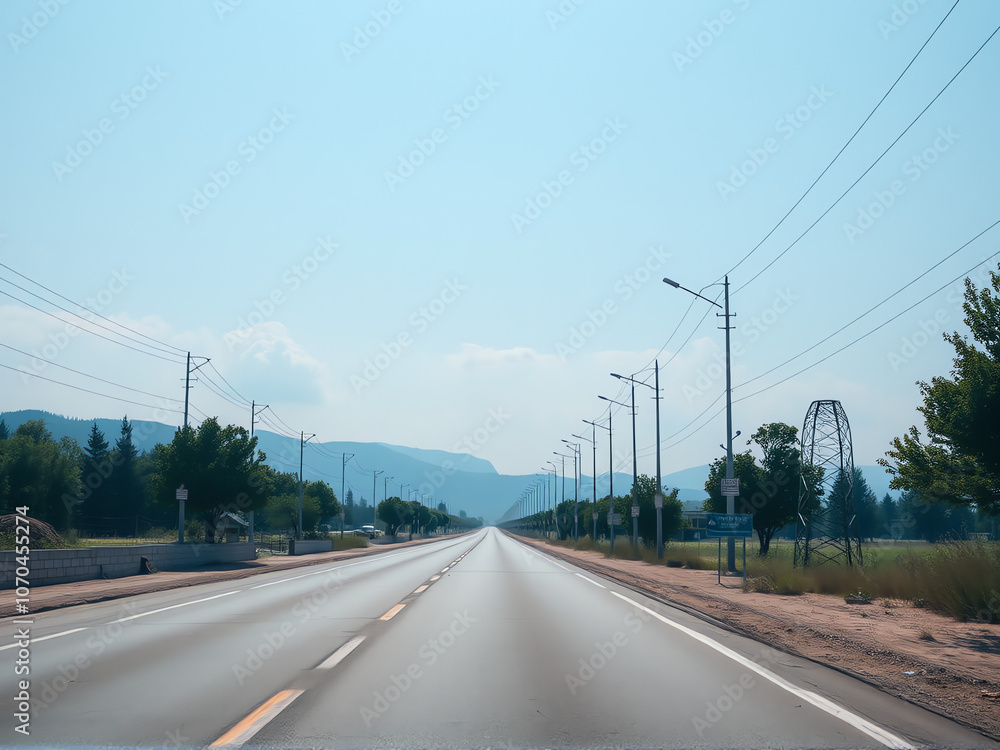 An empty desert road stretches ahead, marked by white lines under a clear blue sky. An empty desert road stretches ahead, marked by white lines under a clear blue sky.
