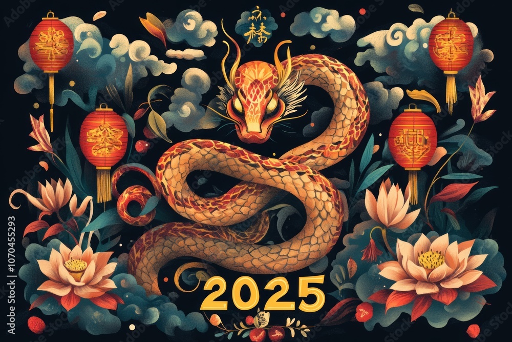 Fototapeta premium Happy Chinese New Year 2025. Snake zodiac with lanterns, cloud on dark background