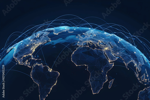 Digital Earth network lines connect globally, blue gold continents shine