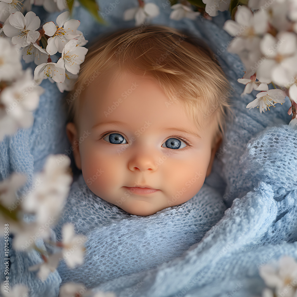 serene newborn baby boy with sandy blonde hair and bright blue eyes, wrapped in soft blue blanket surrounded by delicate white flowers, radiates tranquility and innocence serene newborn baby boy with sandy blonde hair and bright blue eyes, wrapped in soft blue blanket surrounded by delicate white flowers, radiates tranquility and innocence