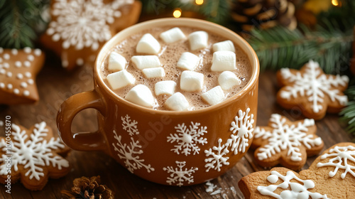 Christmas homemade gingerbread cookies and a cup of hot chocolate with marshmallows on a wooden table surrounded by fir branches. photo