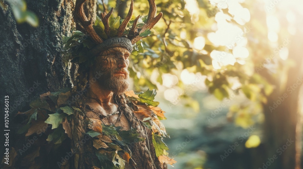 Forest druid wearing deer antlers and leaves posing against tree at sunset Forest druid wearing deer antlers and leaves posing against tree at sunset