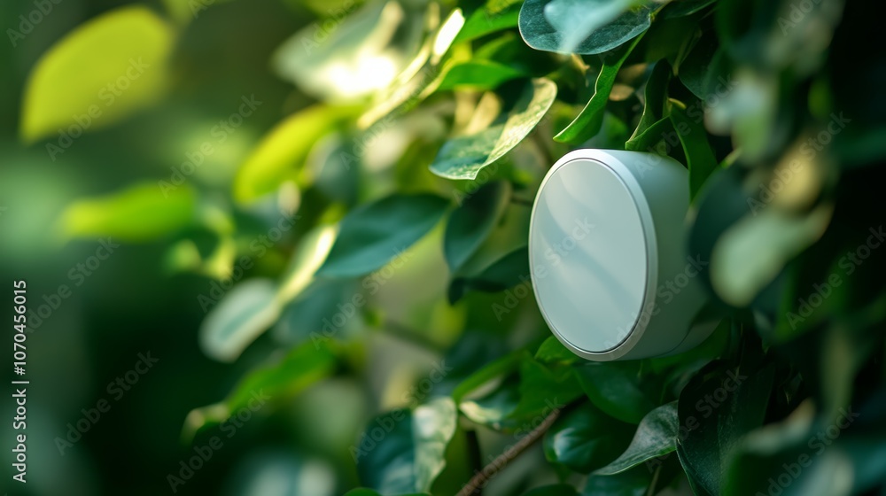 A close-up of a small, white, round device attached to a green leafy plant. A close-up of a small, white, round device attached to a green leafy plant.