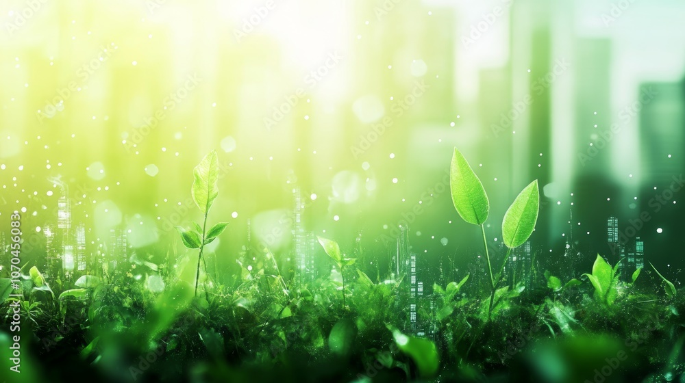 A close-up of green plants growing out of the ground in front of a blurred cityscape. The sun is shining brightly, creating a warm, inviting feeling. A close-up of green plants growing out of the ground in front of a blurred cityscape. The sun is shining brightly, creating a warm, inviting feeling.