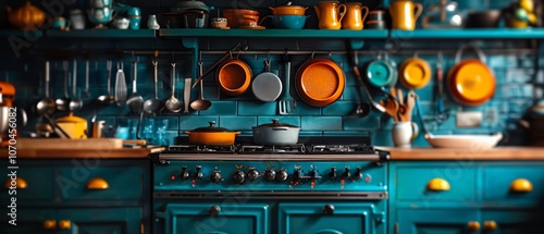 Old-fashioned cast iron stove in a cozy kitchen, vintage utensils, warm colors and textures