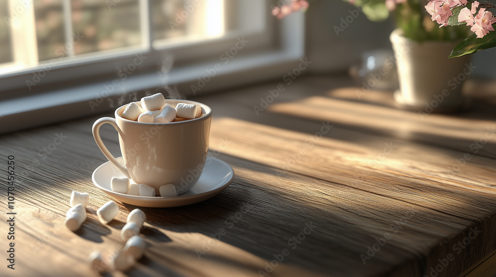 Cup of hot drink with marshmallow on wooden table. Space for text. Cup of hot drink with marshmallow on wooden table. Space for text.