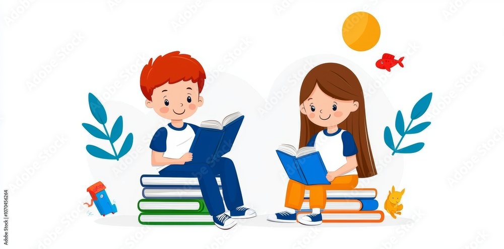 A girl kid and boy are reading school library books in a cartoon. Happy child character looking at textbooks in preschool. Kids learning lesson homework for cute toddlers. Fairytale story readers A girl kid and boy are reading school library books in a cartoon. Happy child character looking at textbooks in preschool. Kids learning lesson homework for cute toddlers. Fairytale story readers