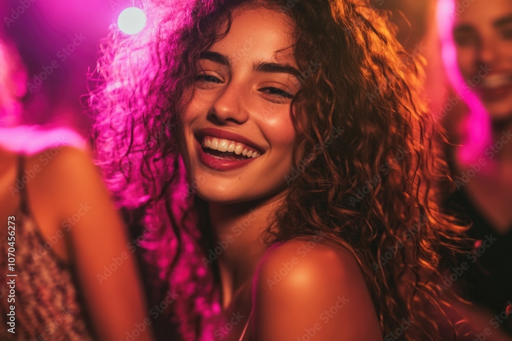 A happy young woman is dancing at a nightclub. A happy young woman is dancing at a nightclub.