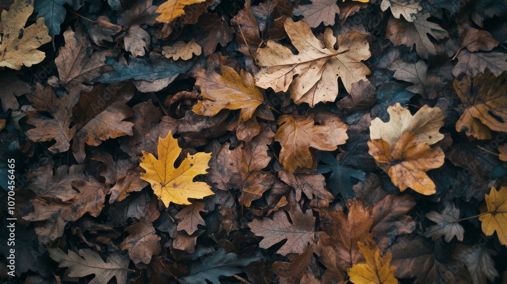 A close-up shot of fallen autumn leaves in various shades of brown and yellow. A close-up shot of fallen autumn leaves in various shades of brown and yellow.