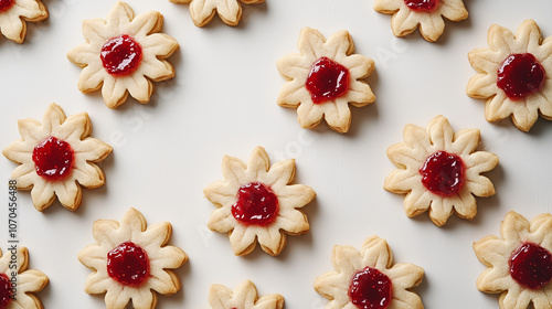 Linzer cookies with strawberry jam filling, top view. photo