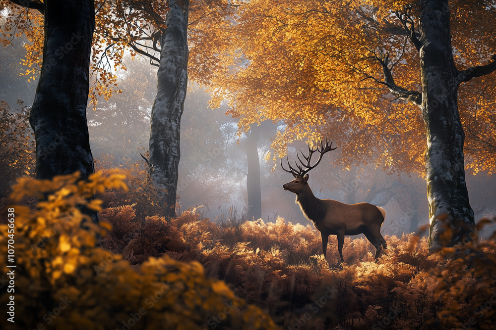 Red deer stag between ferns in autumn forest on misty morning.