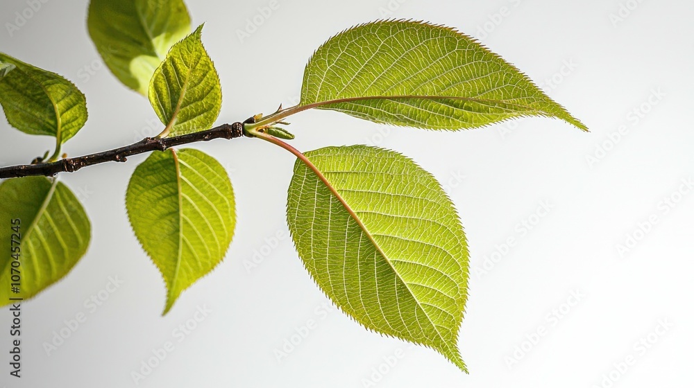 Close-up of a branch with green leaves against a white background.