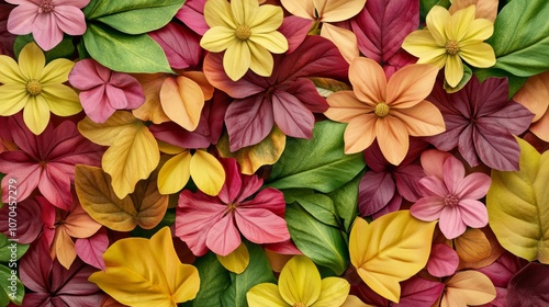 A colorful pattern of paper flowers and leaves.