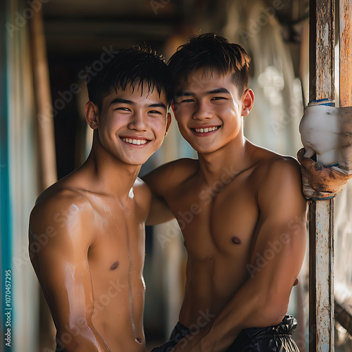 Two handsome teenage boys smiling together, showcasing friendship and joy. Their toned physiques and cheerful expressions highlight carefree moment photo