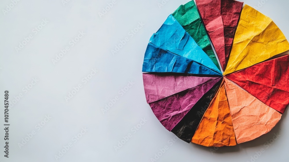 Fototapeta premium A colorful pie chart made of crumpled paper, representing a full circle on a white background.
