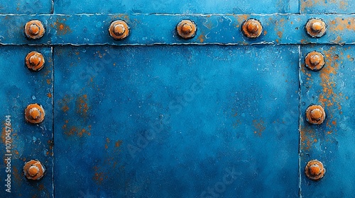 Watercolor close-up of iron rivets on an old ship, sea-worn and rugged, fading into a misty blue background