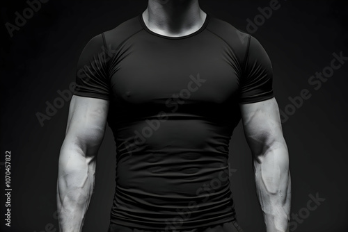 Male torso in black t shirt, emphasizing physique against a dark background