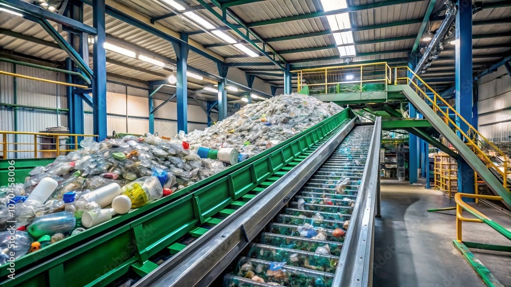 A conveyor belt in a recycling plant, transporting plastic bottles towards a sorting machine, with large bales of compacted materials in the background A conveyor belt in a recycling plant, transporting plastic bottles towards a sorting machine, with large bales of compacted materials in the background