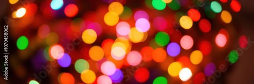 Abstract bokeh background of colorful string of Christmas lights, ornament, seasonal