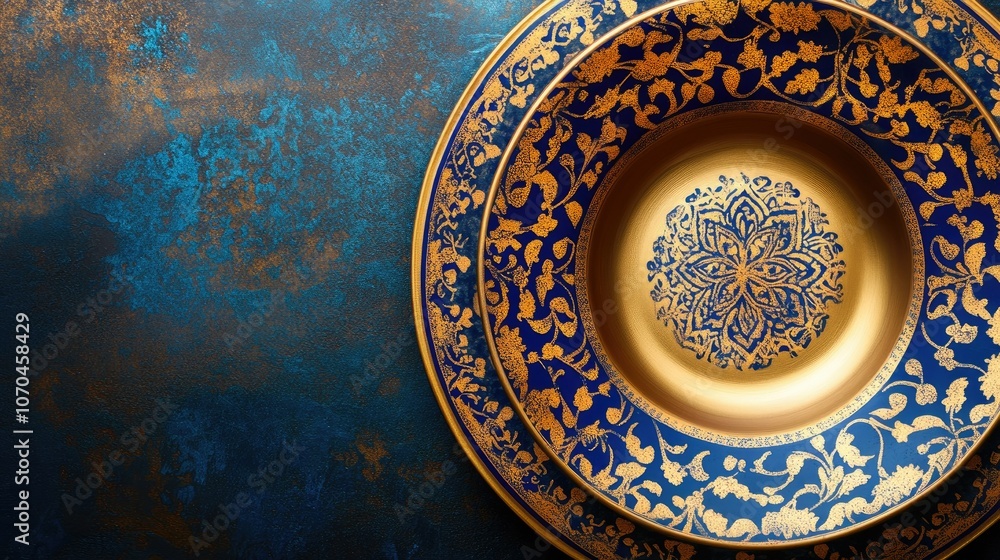 Fototapeta premium Hand-painted Arabian ceramic plate with blue and gold patterns. Copy space