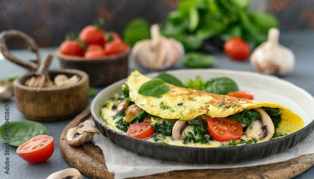 Egg white omelette filled with spinach, tomatoes, onions, and mushrooms. Energy breakfast full of vitamins, antioxidants and fiber. Healthy diet weight loss Egg white omelette filled with spinach, tomatoes, onions, and mushrooms. Energy breakfast full of vitamins, antioxidants and fiber. Healthy diet weight loss