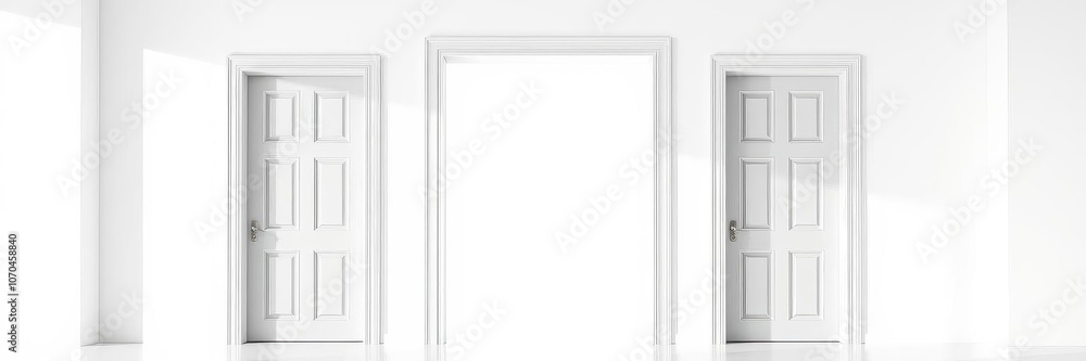 A set of white open and closed doors with doorframe set against a white background, doorframe, closed A set of white open and closed doors with doorframe set against a white background, doorframe, closed