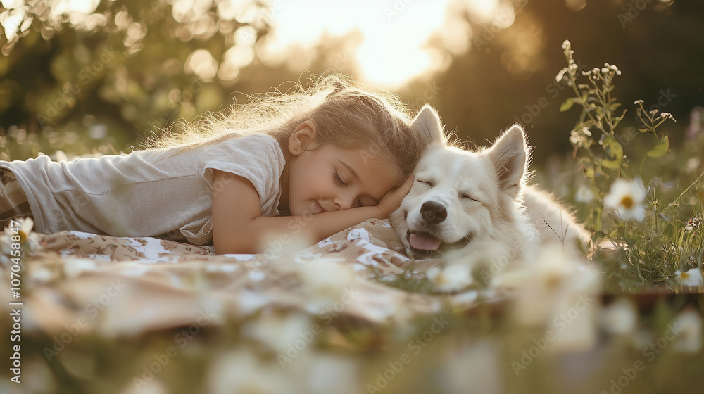 Kid Hugging Dog on Picnic Blanket in Meadow Surrounded by Flowers