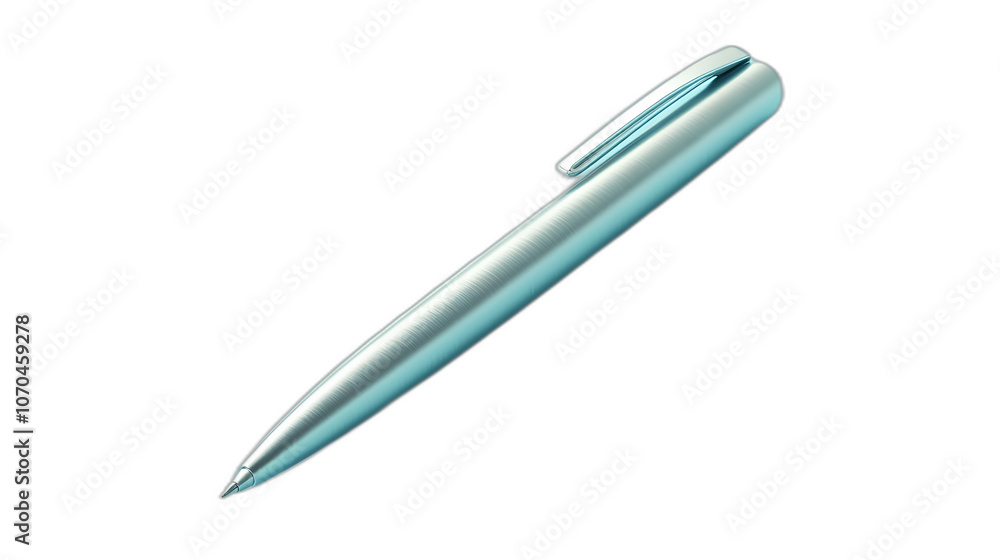 Full body shot. A silver ballpoint pen lying flat with a polished surface, positioned on a light blue background, 4k resolution, no background, no shadow Full body shot. A silver ballpoint pen lying flat with a polished surface, positioned on a light blue background, 4k resolution, no background, no shadow