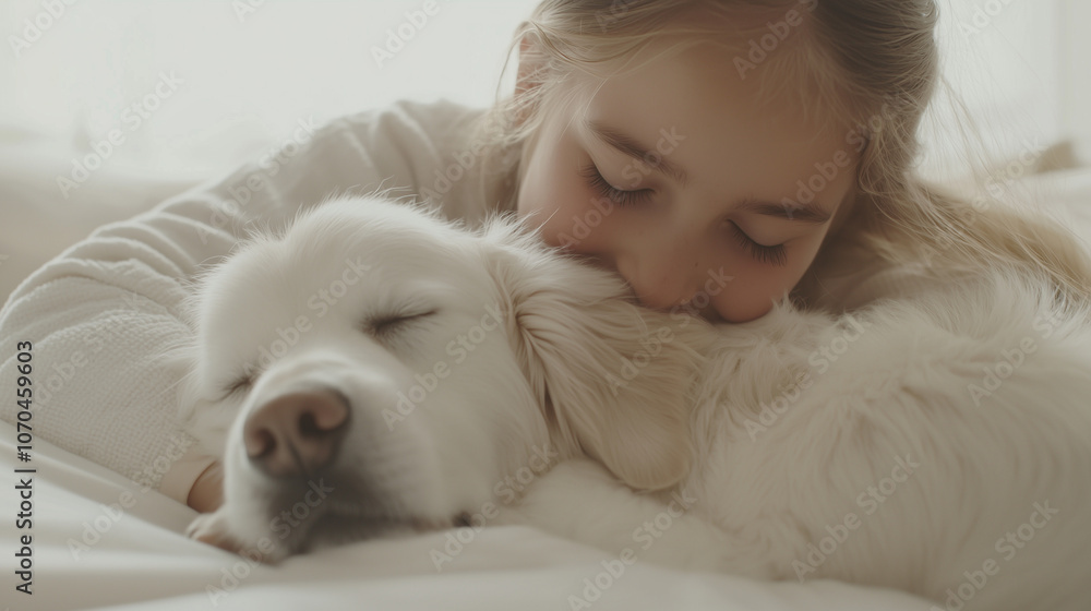 Cozy Bedtime Moment with Kid and Dog in Pajamas Cozy Bedtime Moment with Kid and Dog in Pajamas