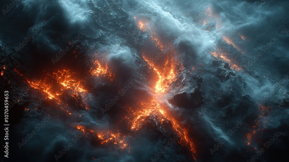 Abstract fiery explosion in dark cloudy sky. Abstract fiery explosion in dark cloudy sky.