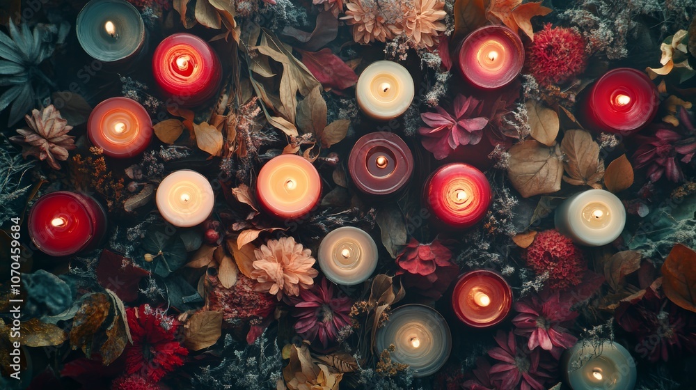 A flat lay of burning candles in a variety of colors arranged in a floral display. A flat lay of burning candles in a variety of colors arranged in a floral display.