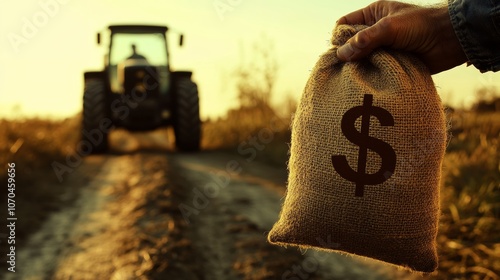 Farmer holding money bag with dollar sign and tractor in background at sunset