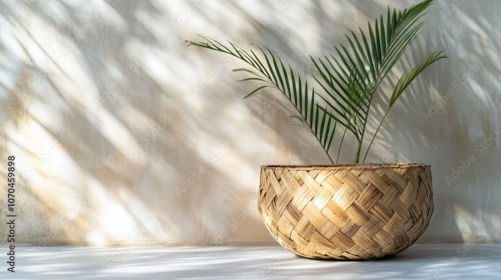 Fototapeta premium Handmade palm frond basket used in Emirati households. Copy space
