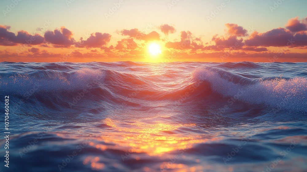 Fototapeta premium Serene sunset over ocean waves reflecting warm colors.
