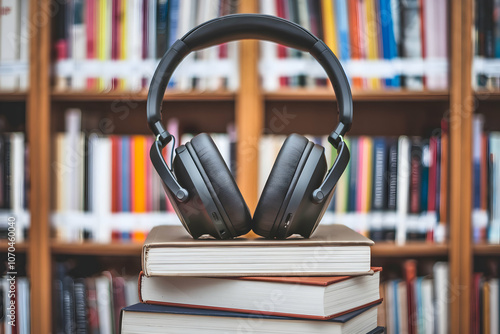 Black headphones rest on books, with cozy library backdrop