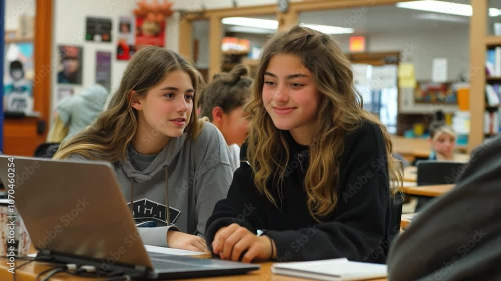 This Two girls share ideas while working on a laptop together in a lively school environment. This Two girls share ideas while working on a laptop together in a lively school environment.
